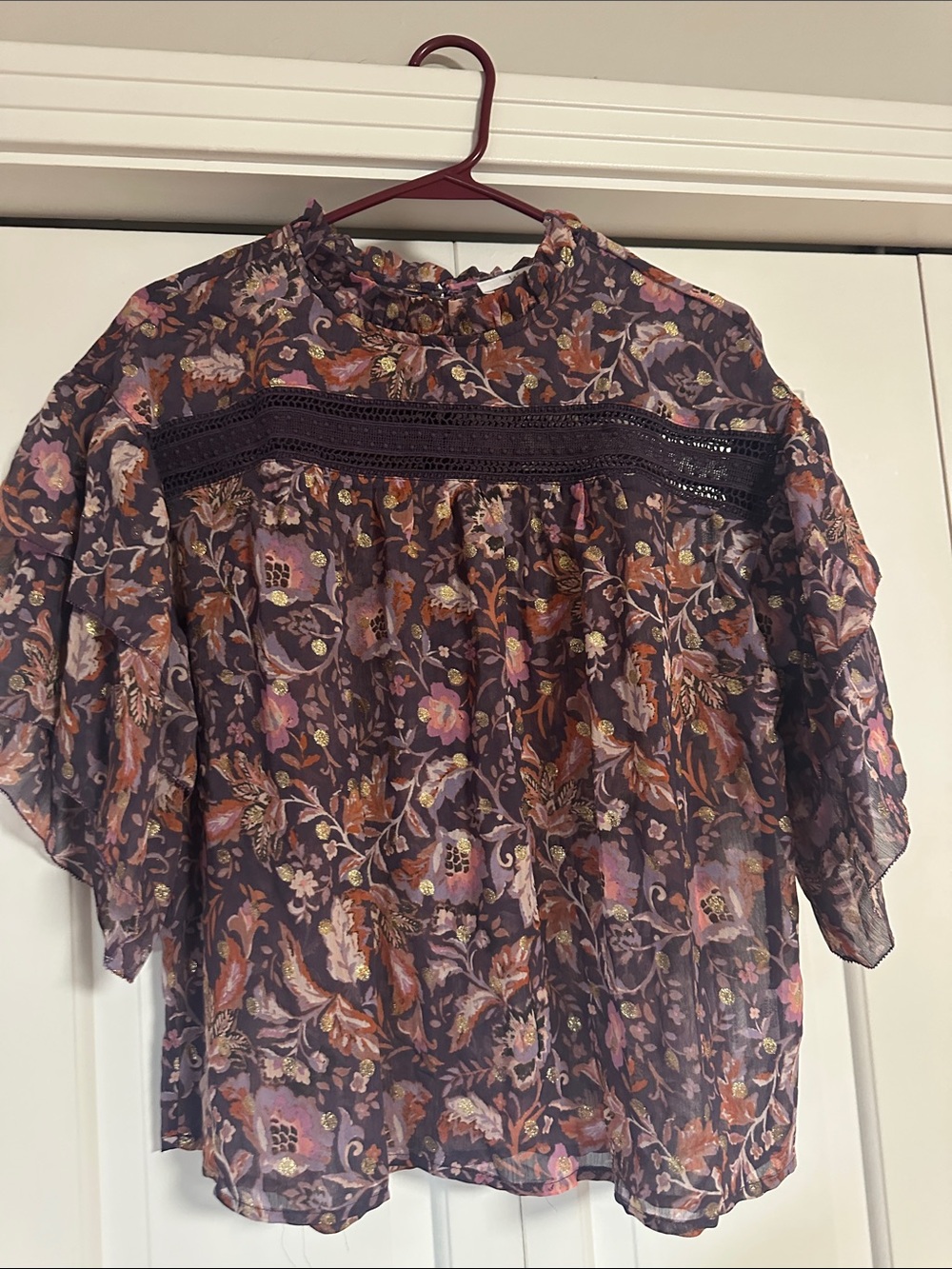 TALULAH Purple Floral Lace-Trim Peasant Blouse